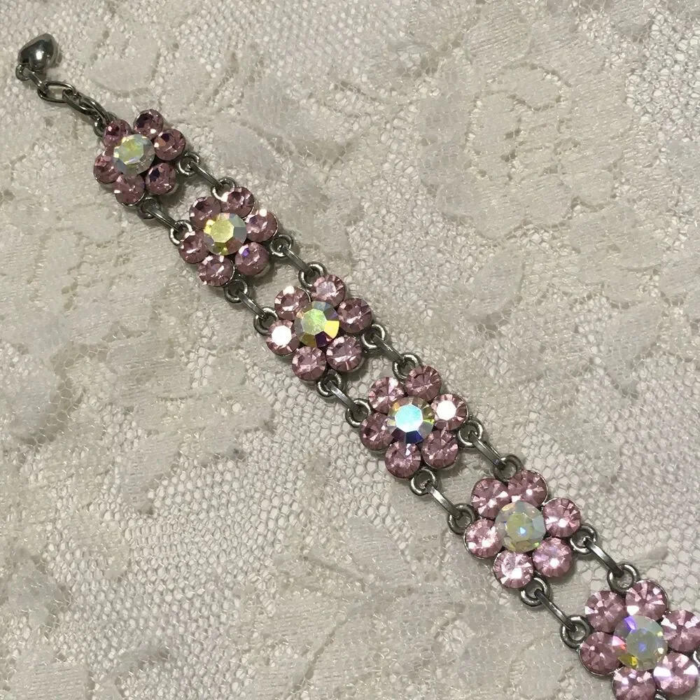 Rhinestone Floral Chain Bracelet Pink AB Stones Silver tone Coquette girl style